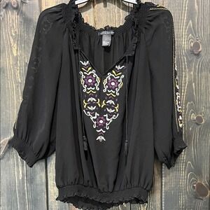 Elena Solano Embroidered Peasant Top‎ L Black Purple Y2K Boho Fairy Grunge